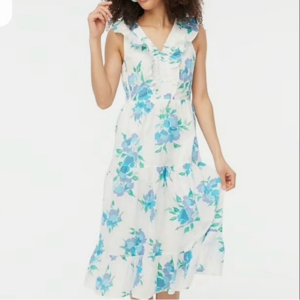 J. Crew White‎ Floral Sleeveless V-neck Tiered Midi Dress